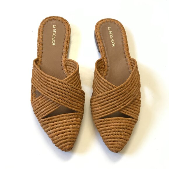 Le Mogador Azoulay Flats Slides Mules Womens 39 9 Tan Raffia Leather Slip On - Picture 4 of 10
